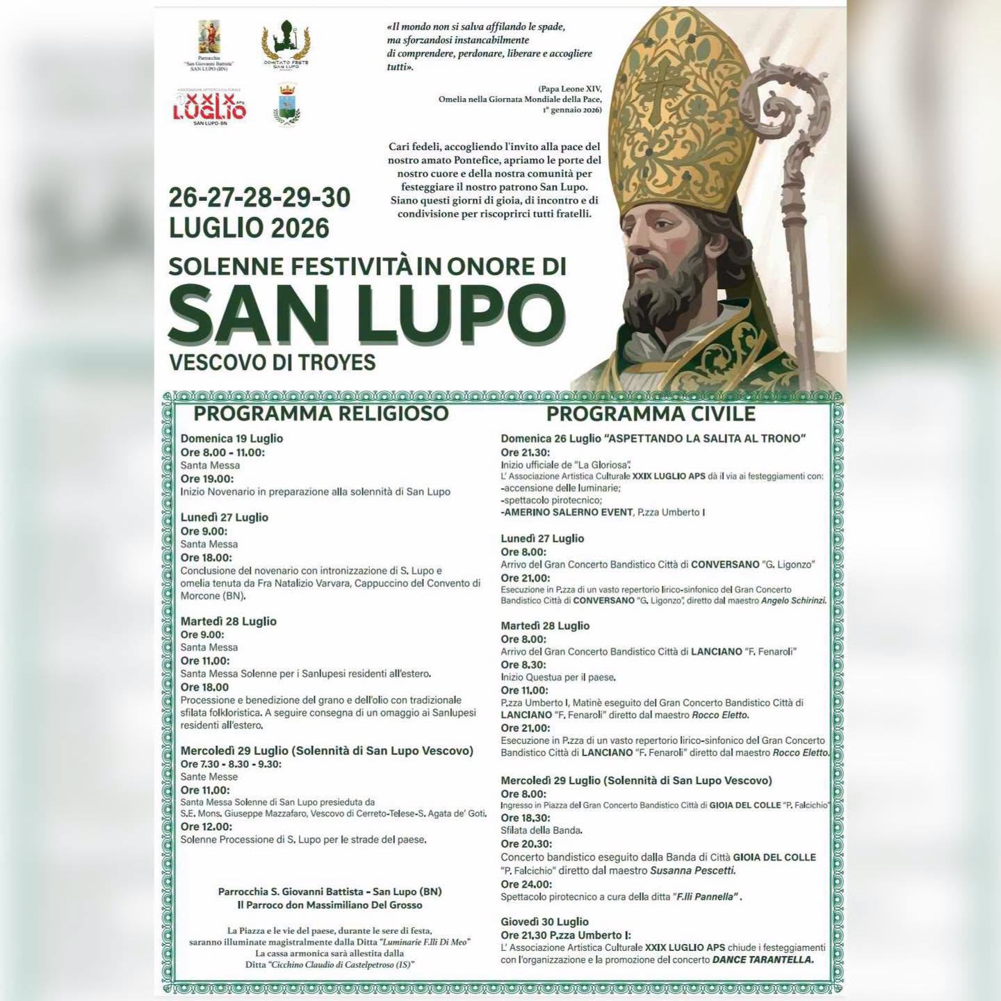 Locandina di Solenni Festività in onore di San Lupo Vescovo di Troyes